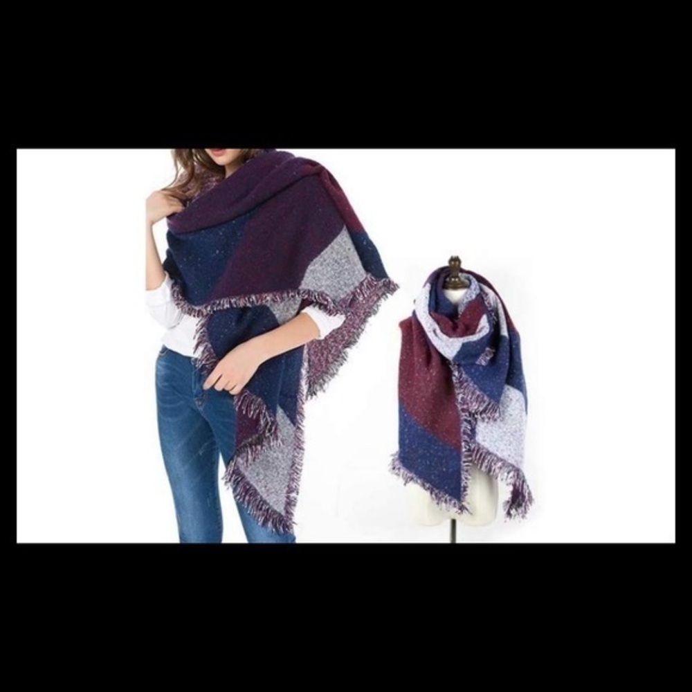 Women's Oversized Soft Warm Wool Blend Plaid Color Block Scarf Wrap